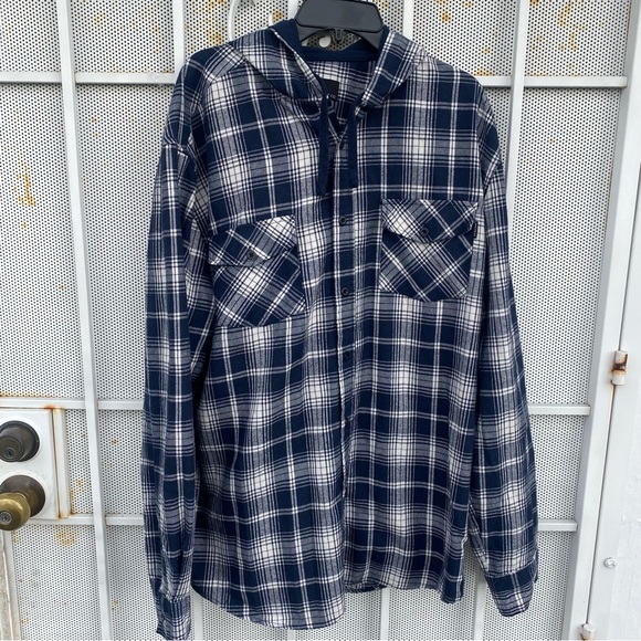 Molokai men’s XL hooded long sleeve button-up flannel shirt black & white plaid - Picture 2 of 8